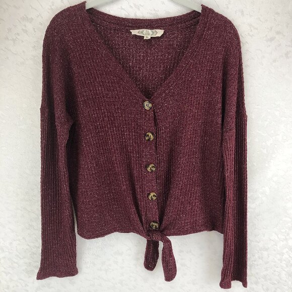 Pink Rose Maroon Long Sleeve Button-Up Cardigan with Front Hemline Tie Size XL - Picture 1 of 15